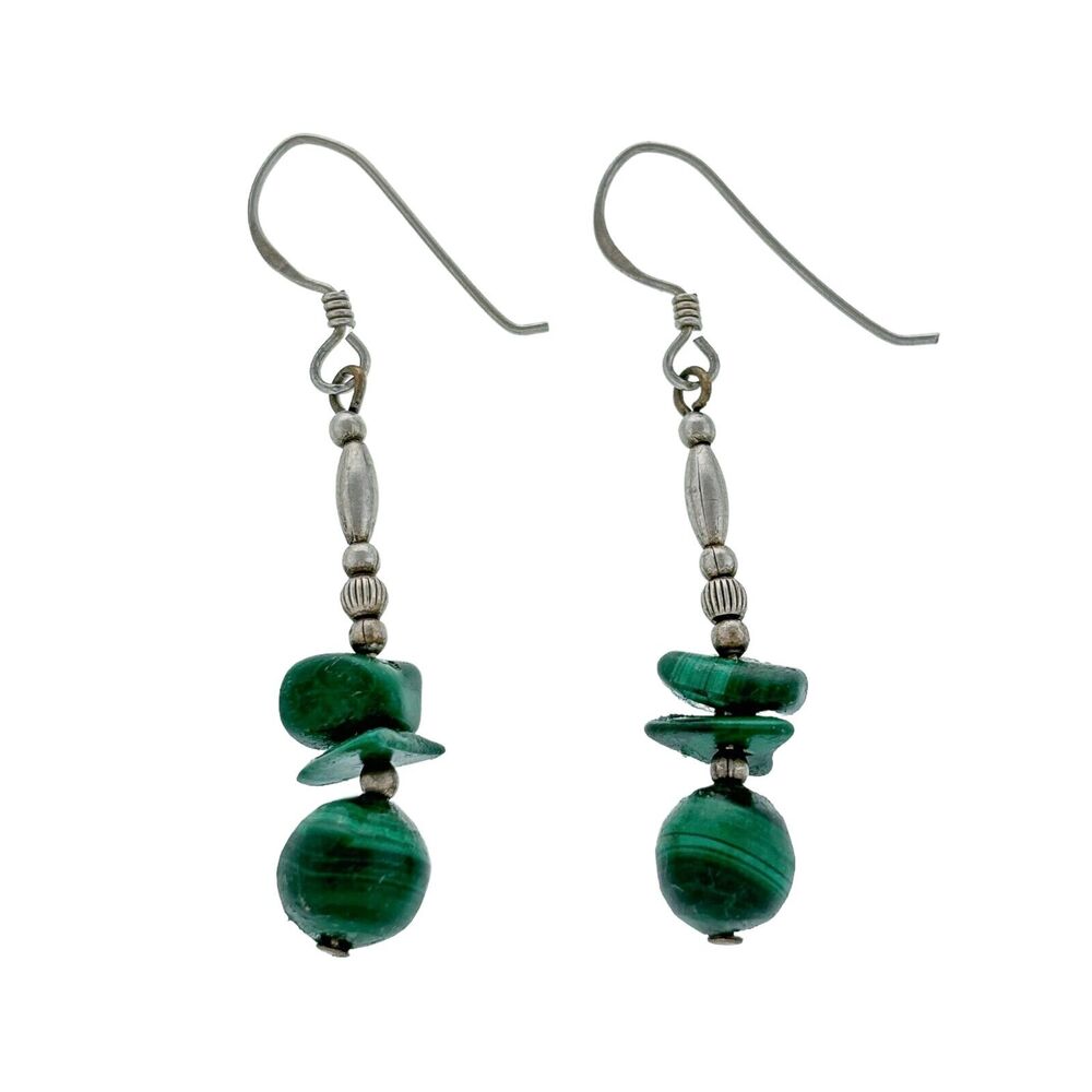 Vintage Sterling Silver 925 Beaded Green Malachite Dangle Earrings